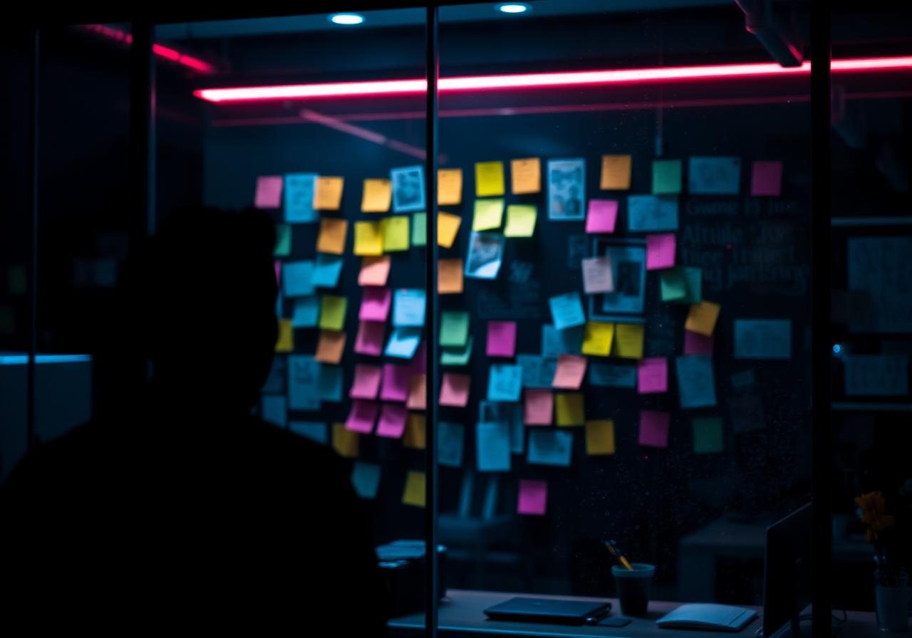 Kreatives Brainstorming an einer Glaswand voller Post-its