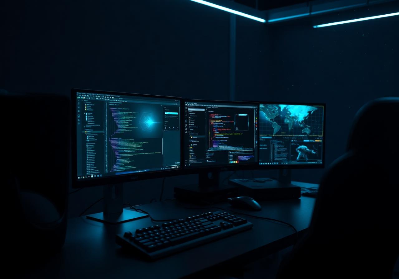 Entwickler-Workspace mit mehreren Monitoren und Code